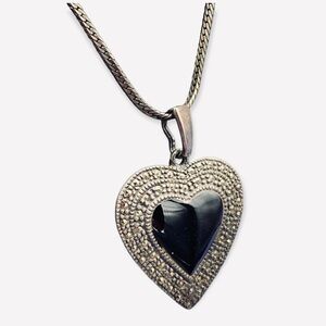 STERLING SILVER MARCASITE black onyx heart shaped vintage pendant necklace